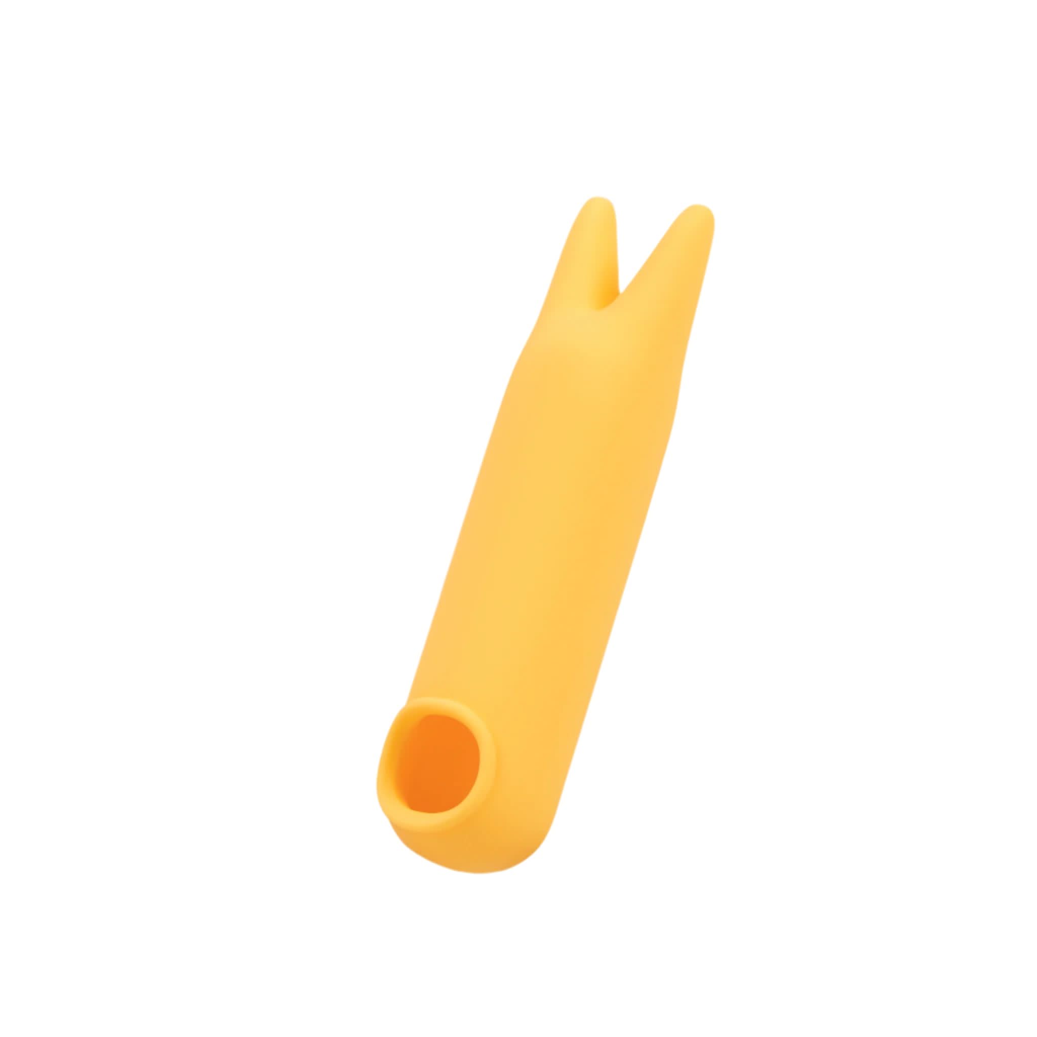 The JIMMYJANE® Chroma™ Mini Sleeve 3 is a yellow silicone tool featuring a V-shaped end and hollow opening with a durable silicone sleeve, shown on a white background.